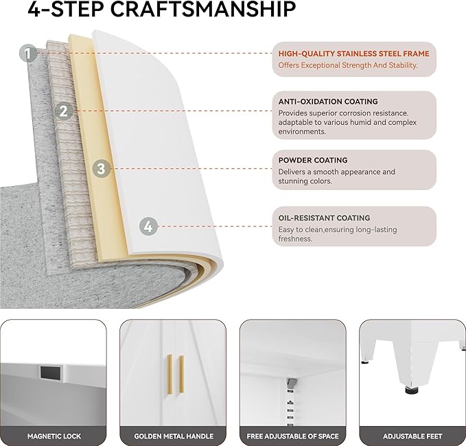 71 "Farmhouse Metal Filing Cabinet with a Drawer and 4 Adjustable Shelves, with 4 Large barn Door White Kitchen Cabinets, Metal Food Cabinets for Home, Kitchen, Dining/Living Room (White)