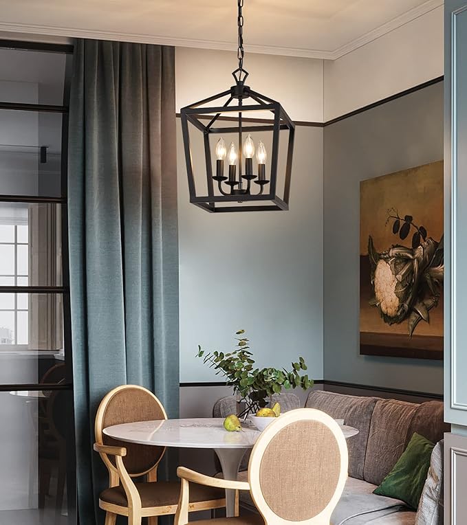 AMZASA Farmhouse Rustic Black Lantern Chandelier Hanging Light Fixture 4-Lights for Kitchen Island Dining Room Hallway Entryway Foyer UL Listed