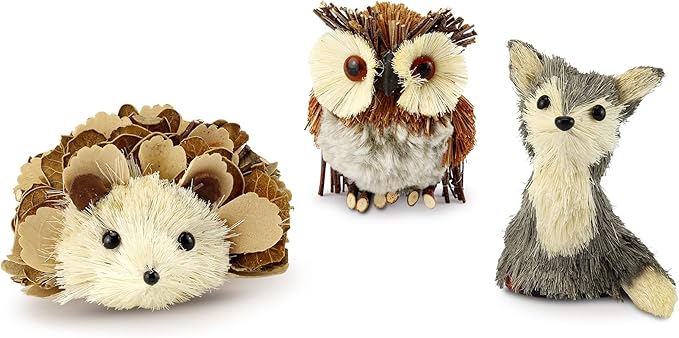 AuldHome Design Woodland Friends Figurines (Set of 3, Fox/Owl/Hedgehog); Forest Animals Decor for Fall, Christmas, Winter and Themed Decor or Parties