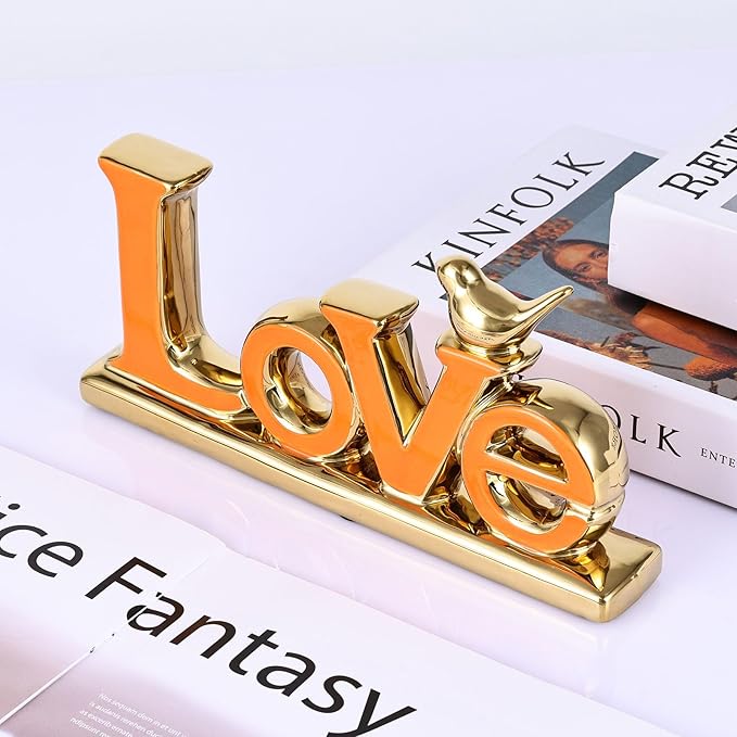 Love Sign Decoration,Orange and Gold Love Signs for Home Decor,Gold Bird Sculpture Personalized Love Decor,Gold Style Figurine Decorative Ornaments for Living Room,Bedroom,Cabinets (Love, Orange)
