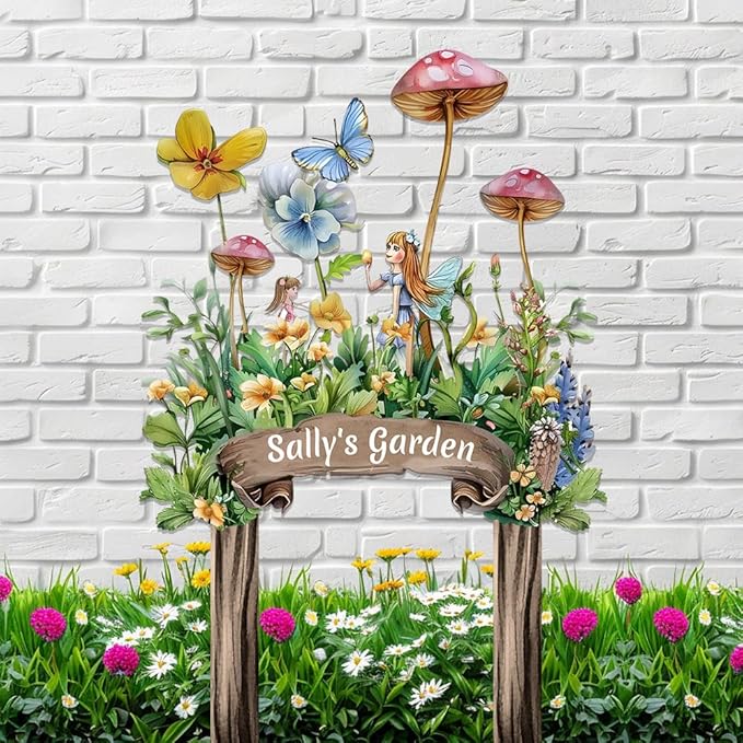 Personalized Cute Fairy Metal Sign with Stake,Custom Gardener Family Name Signs Outdoor Decor,Customized Butterfly Gardening Gifts for Mother,Flowers Plaques Decorate for Garden Patio Lawn Porch Yard