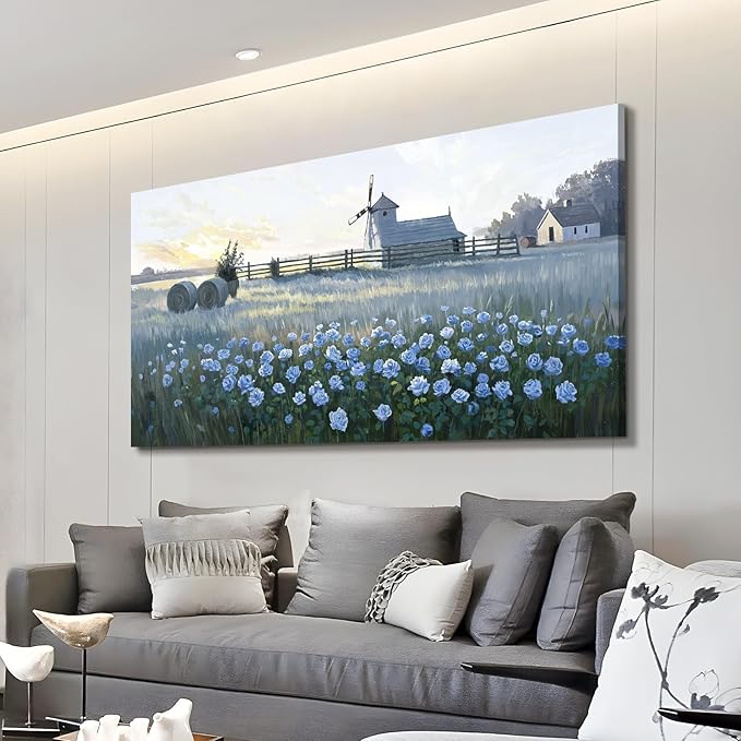 amatop Oversized Farmhouse Wall Art – Botanical Picture Flower Blue Rose & Windmill Countryside Scene Canvas Print, Large Floral Landscape Artwork Decor for Living Room Dining Room Hallway 58x29 Inch