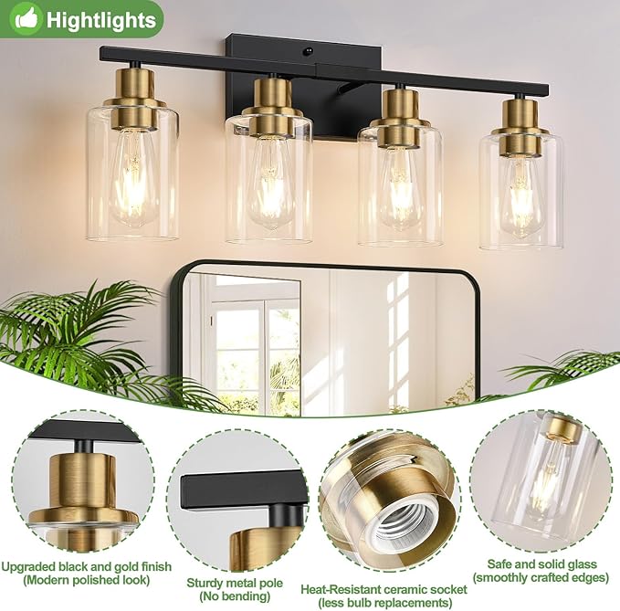 4-Light Bathroom Light Fixtures, Black and Gold Modern Vanity Lights with Clear Glass Shades, Bathroom Wall Lamp for Mirror Living Room Cabinet Bedroom Porch