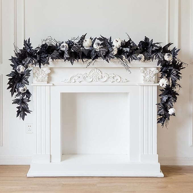 MISSPIN 6FT Black Maples Leaf Garland, Halloween Fall Leaf Garland Artificial Hanging Black Maple Autumn Vine Fall Decor Maple Thanksgiving Halloween Home Decor