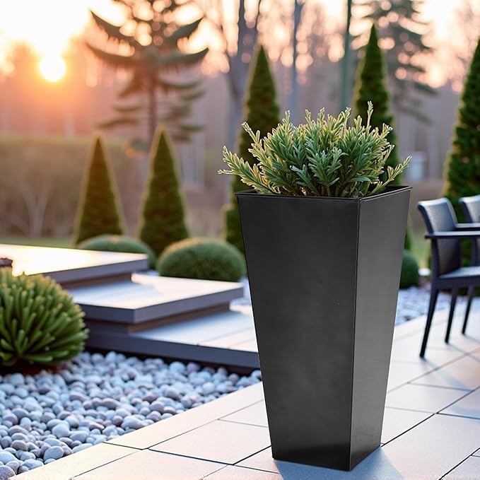 WORTH Garden 28" Large Metal Glazed Planter Set of 2, Luxurious Glossy Finish Black Tall Square Tapered Steel Plant Pots, Decor Flower Pot Indoor & Outdoor, Drainage Hole & Dual-Purpose Plant Saucer