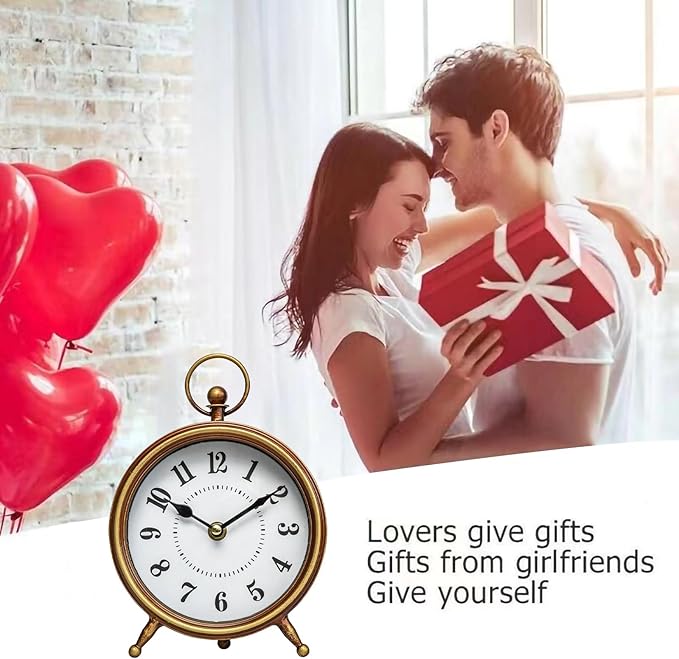 Vintage Small Table Clock on Stand, Decorative Desk and Shelf Clock Farmhouse Mantel Non-Ticking Clock Rustic Metal Frame with Antique Gold Finish 9.3 Inch