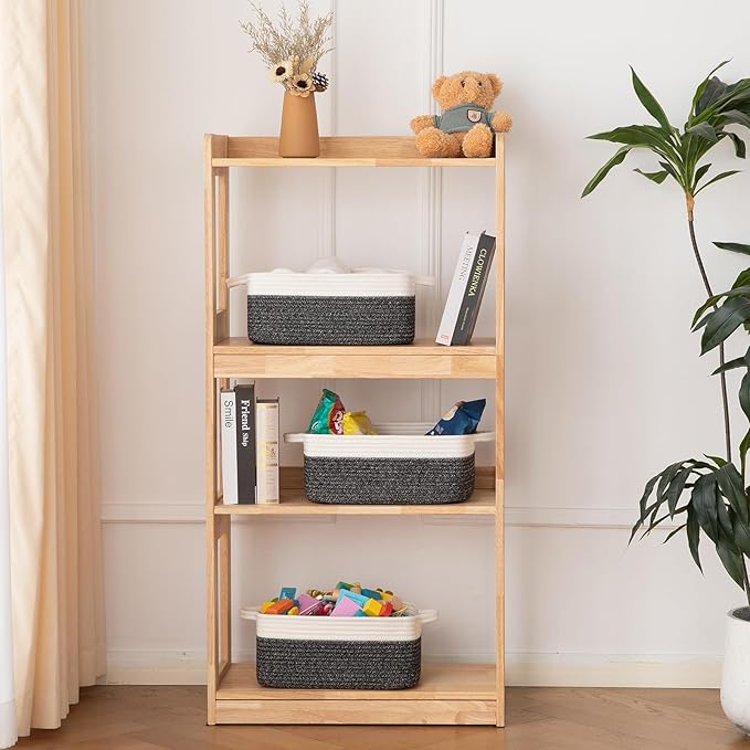 OIAHOMY 3 Pack Storage Baskets for Organizing, Woven Cotton Rope Basket for Shelves, Closet Organizer Bins with Handles, Rectangle Toy Organization, 13.78''×9.84''×5.5'', Black & White