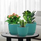 9/8/7.5 inch Flower Pots, 3 Pack Modern Plastic Planters with Drainage Holes and Trays for House Plants, Plant Pots for Indoor Outdoor Plants, Blue Green
