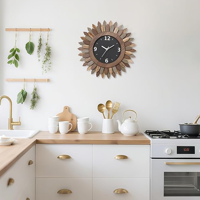 Honiway 14 Inch Wall Clock, Rustic Wood Boho Sunburst Decorative Wall Clocks Battery Operated Silent Non Ticking Farmhouse Small Wall Clocks for Living Room Kitchen Bedroom Home Decor (Tricolor)