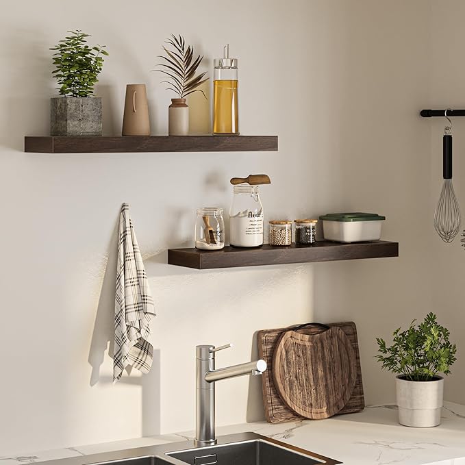 Floating Shelves for Wall, 31.5"W x 6.7"D x 1.5"H, Wooden Wall Mounted Display Shelves with Invisible Brackets for Living Room, Bedroom, Bathroom, Kitchen Decor and Storage, Set of 2, Walnut