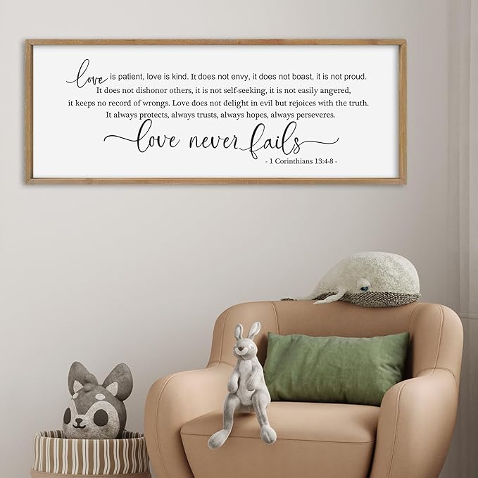 SRSZHIYUE Love is Patient Kind Sign Wall Decor Art 40"×15" 1 Corinthians 13 4-8 Master Bedroom Christian Wood Framed Large Wall Hanging (Wood)