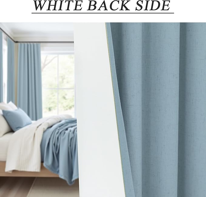 Total Blackout Linen Curtains 96 Inches Long for Bedroom 8 Foot Tall Heavy Thermal Rustic Country Light Blue Black Out Curtains for Living Room Window Drapes Stone Blue Gray Greyish Back Tab 2 Panels