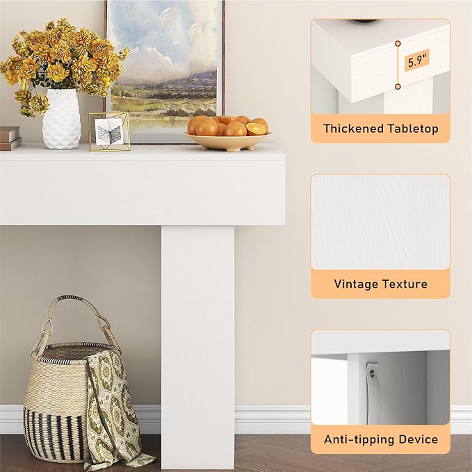 63 Inch Long Console Table for Entryway, Farmhouse Wood Rectangular Sofa Table Behind Couch Table, Narrow Entryway Table for Living Room, Entrance, Hallway, Foyer, Easy Assembly (Classic White)