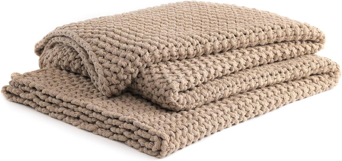 YnM Chunky Cotton Knit Throw Blanket, Cable Knit Throws for Bed Couch Sofa, Comfy & Relaxing, Decorative Piece for Farmhouse Modern Boho Rustic Scandinavian Chic Vibe, Beige 60x80 Inches