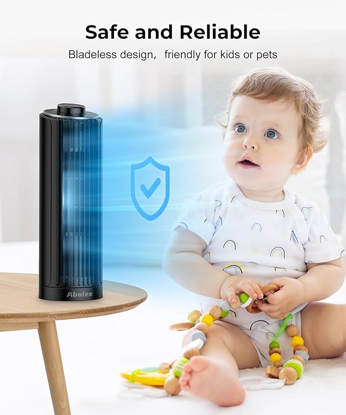 Abolee Tower Fan, 23ft/s Desk Fan, 70° Oscillating Table Fan for Bedroom, Standing Table Fan with 3 Modes, 2024 New 13 Inch Bladeless fan for Bedroom, Home,Office