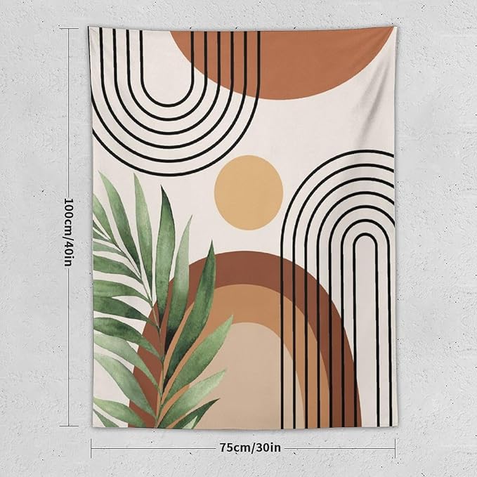 Abstract Bohemian Mid Century Tapestry, Tropical Leaves Modern Geometric Archway Minimalist Bohemian Botanical Aesthetic Wall Hanging, Sage Green Gold Home Decor Art for Bedroom 60x80 Inch