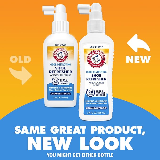 Arm & Hammer Shoe Refresher Spray, Odor Eliminator for Sneakers, 24 Odor & Wetness Control, Aerosol-Free Shoe Deodorizer Spray, Ocean Blast Scent, 3.4 oz