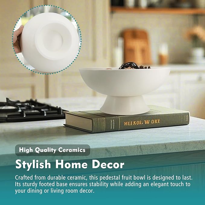 White Pedestal Decorative Bowl - 8" Minimalist Decorative Fruit Bowl for Kitchen Counter, Entryway,Multi-Purpose Centerpiece bowl for Bread, Snacks, Candy, Perfect for Housewarming &Wedding Gift
