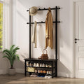 Coat Rack with Shoe Storage, Wooden Hall Tree with Bench, 11 Hooks and 2-Tier Storage Shelves, 3-in-1, Entryway Bench with Coat Rack (31.5"-Deep Black)