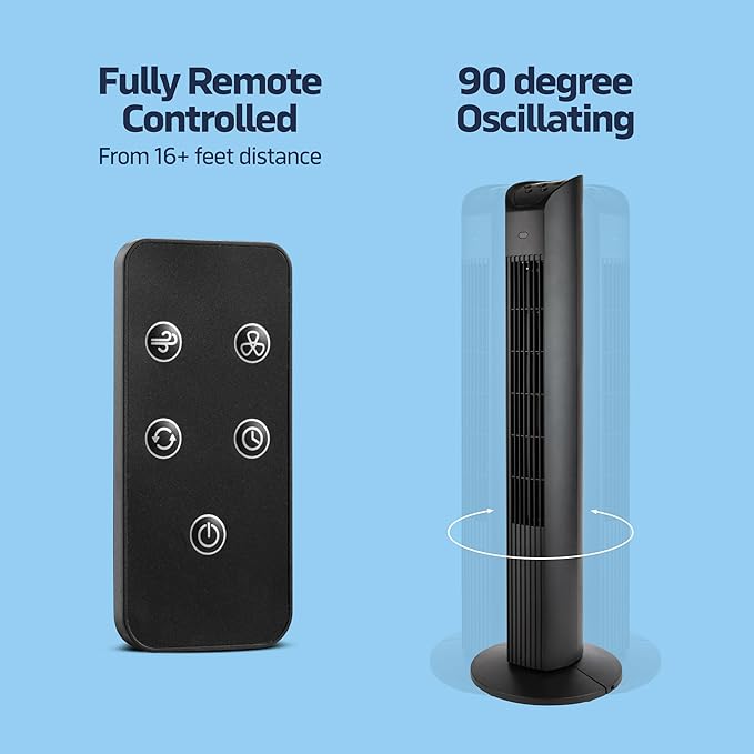 36” Oscillating Tower Fan, 3 Speed Portable Fan Tower With Remote Control, Quiet Operating Floor Fan for Bedroom with 7.5 Hr Auto Off Timer, Modern Design Room Cooling Fan For Home & Office