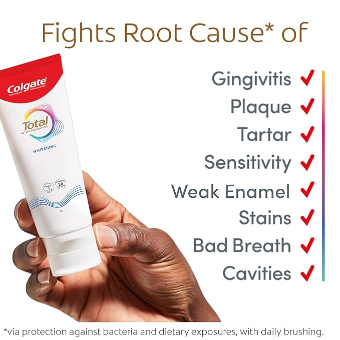 Colgate Total Active Prevention Whitening Gel Toothpaste with Fluoride, Bulk with Clinically Proven Formula That Fights Plaque Bacteria, Mint, 4 Pack, 5.1 oz