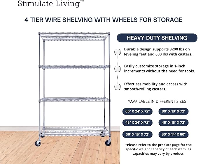 48"x24"x72" Prime Heavy Duty Chrome 4-Tier Wire Shelving NSF 3200 LBS MAX Capacity Storage Rack for Commercial, Hospital, School, Garage, and Kitchen Uses (with Wheels)
