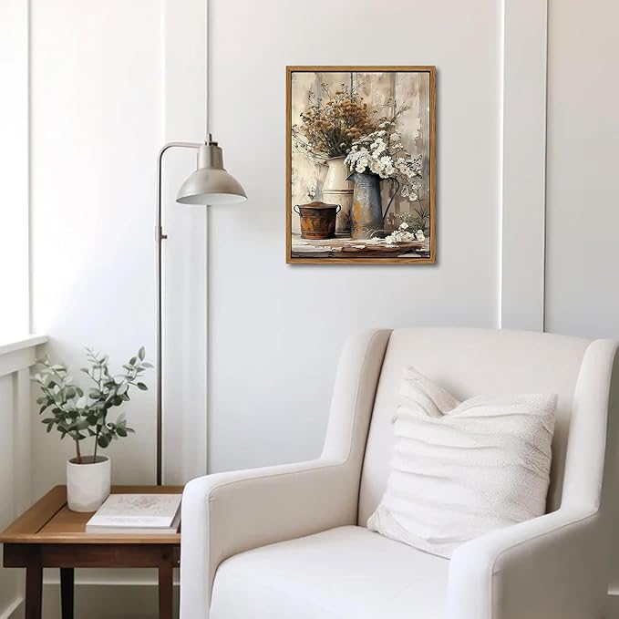 Floating Framed Farmhouse Vintage Canvas Wall Art, Country Floral Daisy Pictures Wall Decor, Wood Grain Art Paintings Poster for Living Room Bedroom Bathroom Rustic Decor 16x24 inch