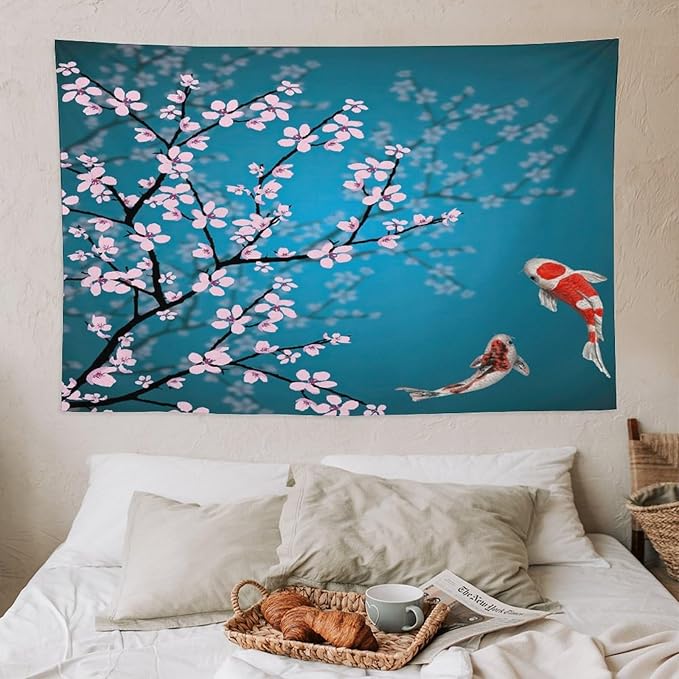Houselerax Japanese Koi Fish Tapestry, Cherry Blossoms Asian Oriental Green Teal Flower Branch Koi Fish Carp Tapestries Wall Hanging for Bedroom Living Room Office Decor 60"x40"