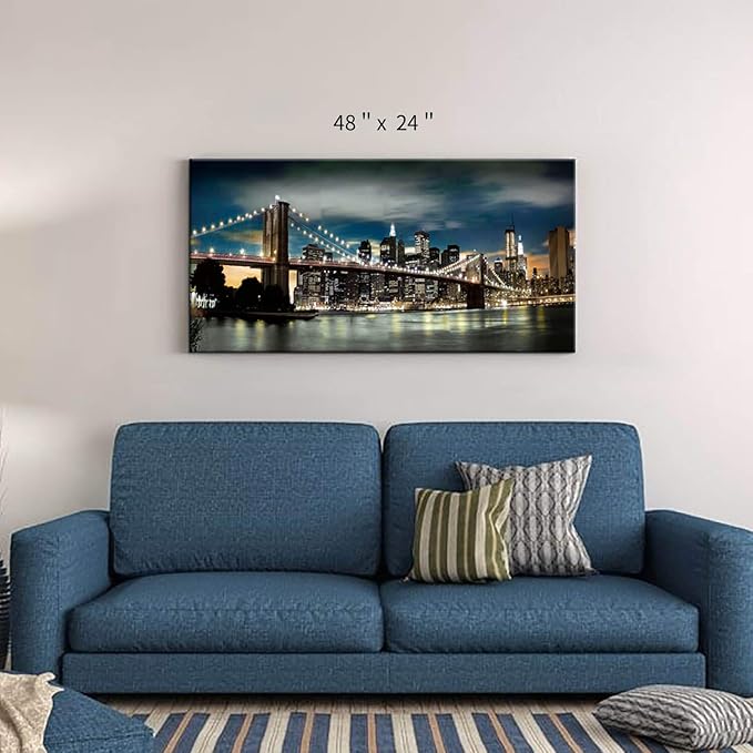 Brooklyn Bridge Canvas Wall Art: Skylines Lights & Reflections in New York Artwork for Decor