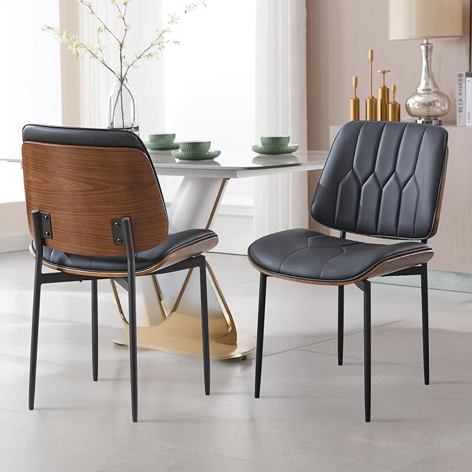 BV Mid Century Modern Dining Chairs Set of 2, Upholstered Pu Leather Accent Chair with Walnut Bentwood Back, Armless Kitchen Chair for Dining Room, Living Room, Kitchen, Black