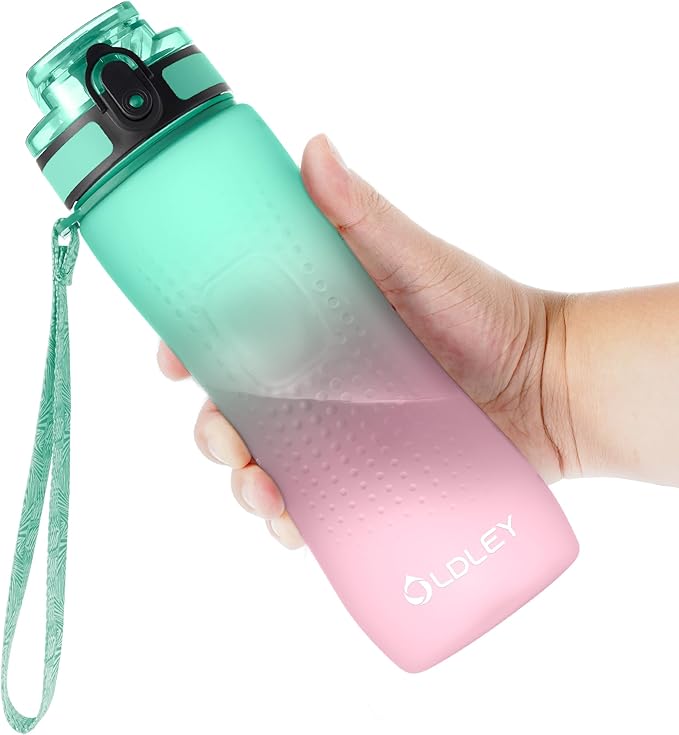 OLDLEY 25 oz Motivational Water Bottle, Sports Water Bottle with Strap, Leakproof BPA Free Large Water Bottles for School, Gym, Travel, Outdoor, Tritan, Green&Pink