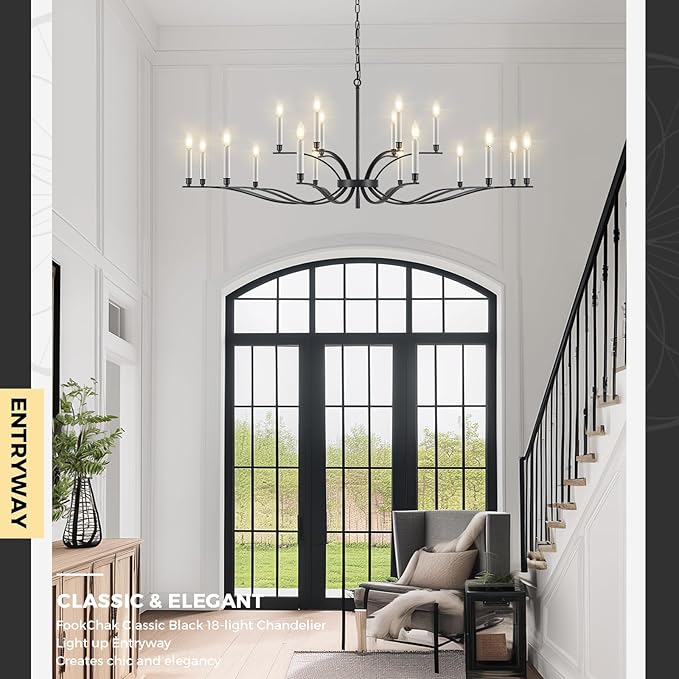 Black Living Room Chandelier 18 Light Hight Ceiling Foyer Candle Chandelier Large Dining Room Light Fixture Over Table 59in Metal Modern Chandeliers Hanging Light for Entry Master Bedroom