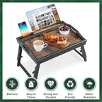 2 Pack Bed Tray Table Breakfast Trays Serving Tray Adjustable Height for Eating Bamboo Bed Laptap Floding Legs with Handles and Phone Holders