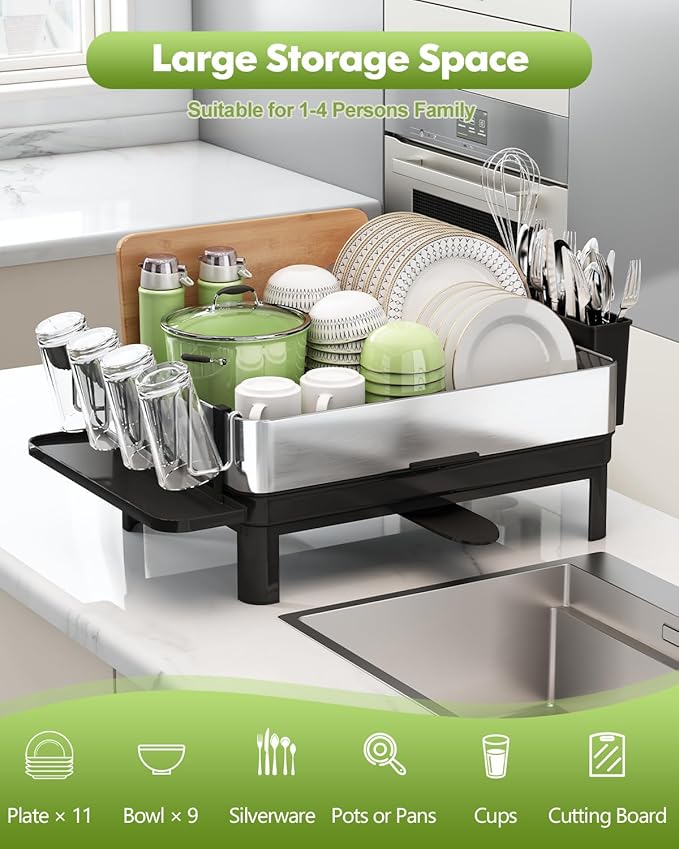BOOSINY Stainless Steel Dish Drying Rack, Dish Racks for Kitchen Counter, Rust Proof Dish Drainer and Drainboard Set, Small Dryer with Drainage, Utensil Holder and Cup Holder