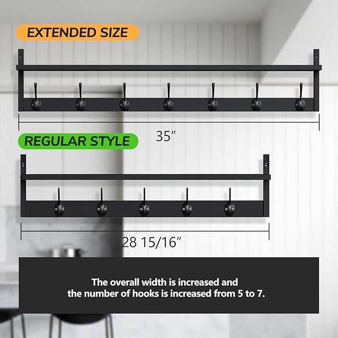 BAMEOS 35 Inch Wall Hooks With Shelf - Entryway Hanging Wood Coat Rack With 7 Dual Hooks for Bathroom, Living Room, Bedroom (Black)