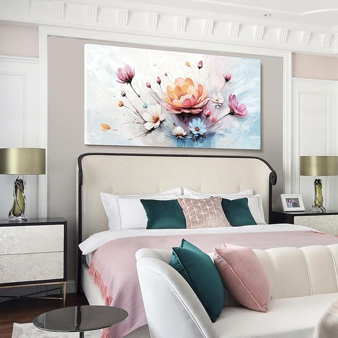 amatop Oversized Wall Art for Living Room Elegant Pink White Blue Floral Art Print Large Abstract Nature Botanical Picture Contemporary Garden Bloom Canvas Decoration Bedroom Office Hallway 58x29 inch