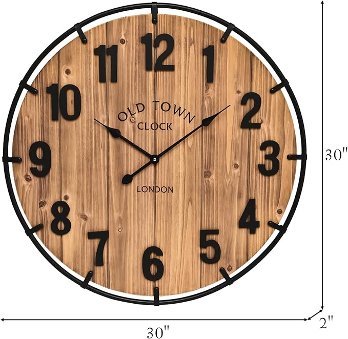 Large Old Town Farmhouse Wall Clock 30 Inches Rustic Antique Wood with Metal Circle and Large Numerals Silent Battery Operated Wall Clock for Office Kitchen Bedroom Living Room