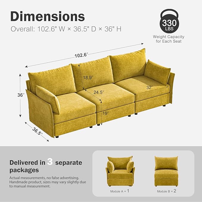 102.6" Modular Sectional Sofa, Oversized 3-Seater Couch with Removable Yellow Chenille Fabric Cover, Deep Seat & High Backrest for Living Room, Office & Apartment