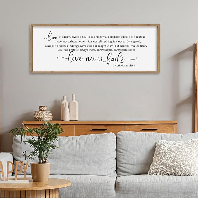 SRSZHIYUE Love is Patient Kind Sign Wall Decor Art 40"×15" 1 Corinthians 13 4-8 Master Bedroom Christian Wood Framed Large Wall Hanging (Wood)