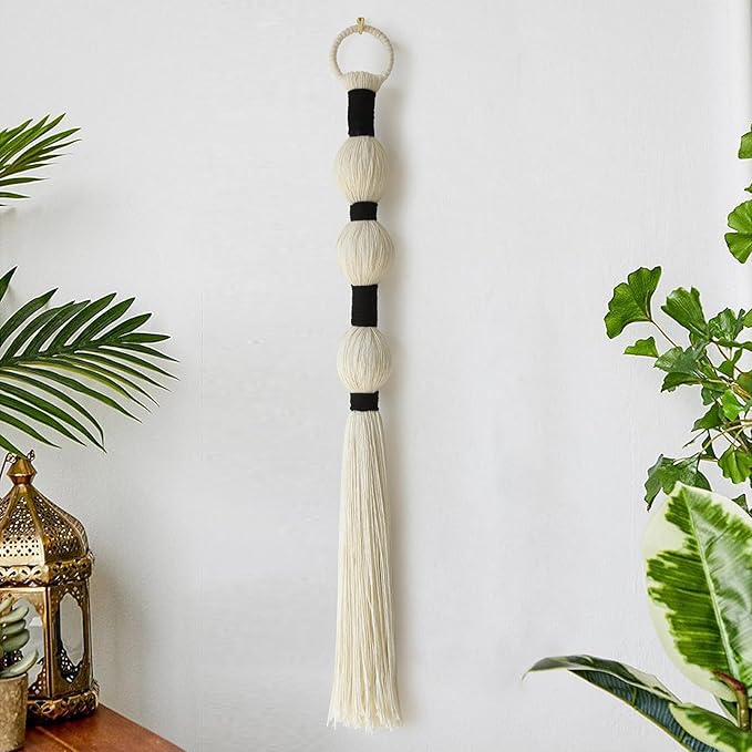 Macrame Wall Hanging Boho Wall Decor Small Sphericity Cotton Textile Tassel Hanging Fiber Yarn Art for Living Room Bedroom 27'' L x 2.3'' W