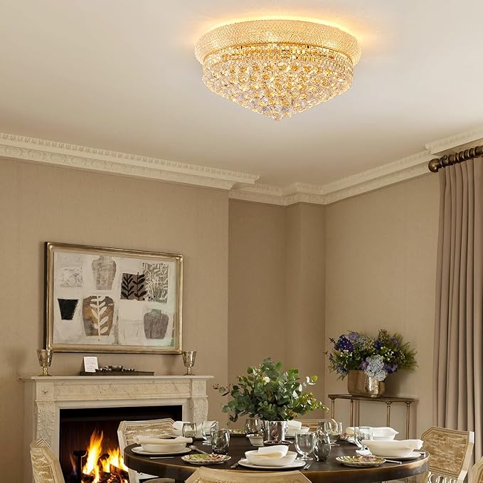 12-Light Crystal Flush Mount Chandelier Ceiling Light Fixture for Living Room Dining Room Bedroom Foyer Entryway Hallway Closet Bathroom (Gold D24)