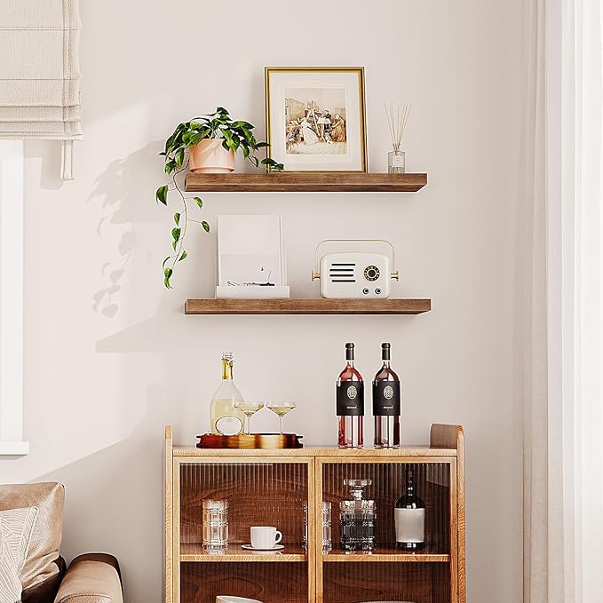 HOOBRO Floating Shelves for Wall, Wall Mounted Shelf Set of 2, 31.5" Hanging Shelf with Invisible Brackets, for Wall in Bathroom, Bedroom, Toilet, Kitchen, Living Room, Office, Rustic Brown BF80BJP201