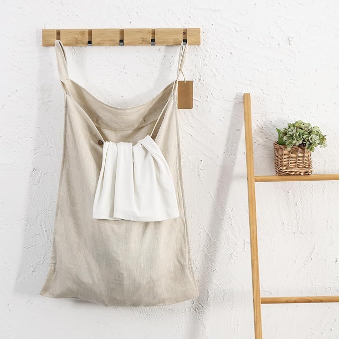 Linen Hanging Laundry Bag, 100% Linen Over The Door Laundry Hamper with Buttons and Zipper, Space Saving Door Hampers for Laundry Dirty Clothes Home Travel, Linen