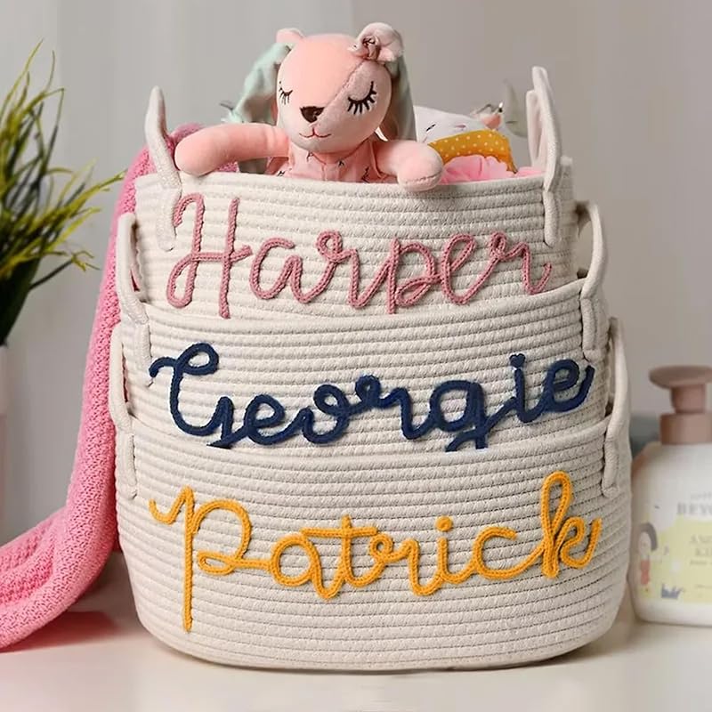Personalized Baby Name Basket, Custom Woven Baby Shower Gift Basket with Cotton Rope Handle Baby Diaper Nursery Shelf Storage Basket Bin for Kids' Bedroom (Style 2)
