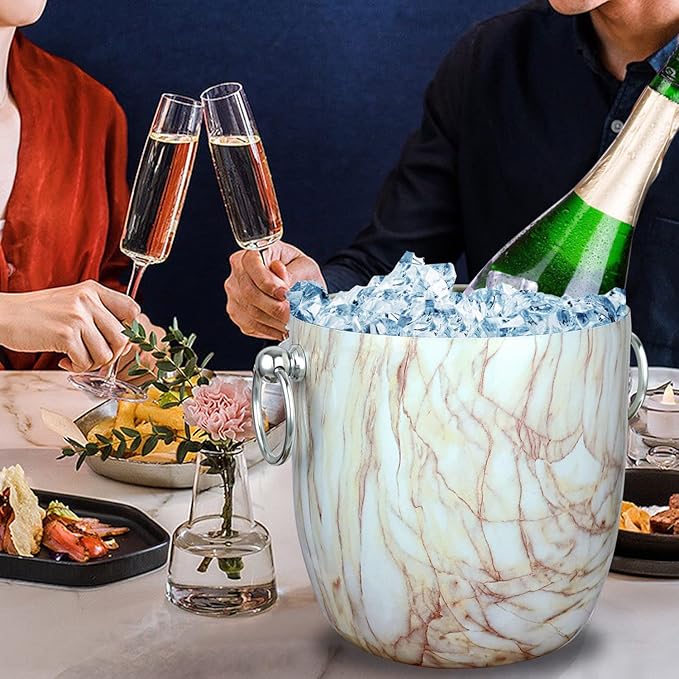 Ice Bucket with Lid, Scoop, Tongs and Strainer - Well Made Insulated Stainless Steel Keep Ice Frozen Longer - Ideal for Cocktail Bar, Parties, Chilling Wine, Champagne - 3 Liter (CarraraMarble)