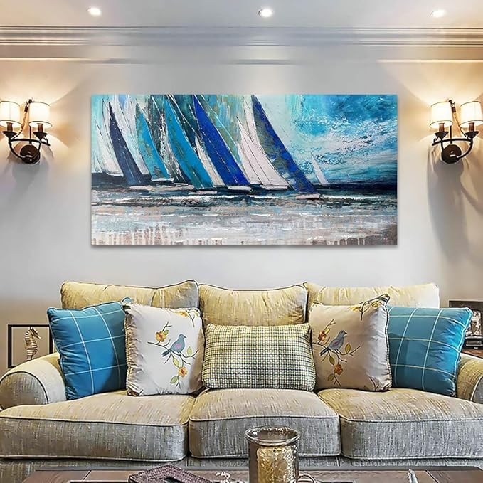 Arjun Blue Abstract Wall Art Canvas Teal Ocean Sailboat Picture Modern Turquoise Coastal Nautical Painting Large 40"x20" Framed Textured Artwork for Living Room Bedroom Bathroom Home Office Wall Decor