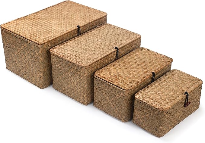 Wicker Basket with Lid, Seagrass Storage Basket, Woven Baskets for Storage, Decorative Storage Baskets for Shelf Organizing, Natural