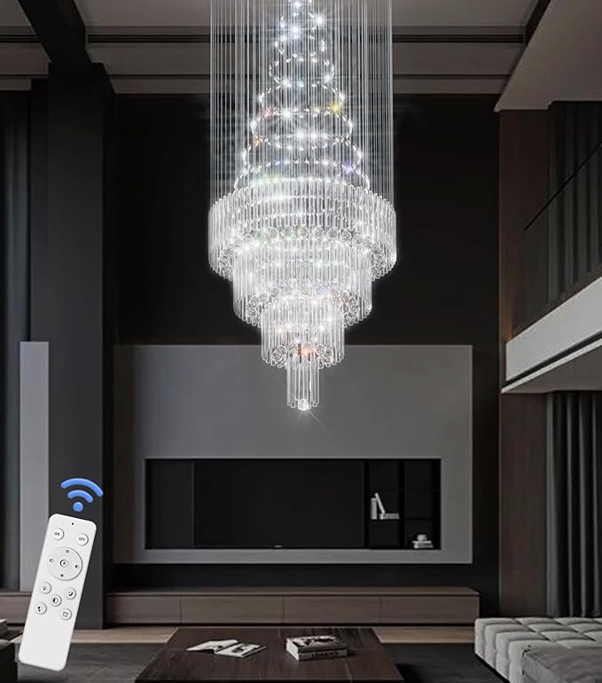 D32''X H100'' Large Crystal Chandelier Lighting, Modern LED Round Raindrop Flush Mount Ceiling Light Fixture for Hotel Staircase Hallway Modern Crystal Chandelier Suitable for Sloping Ceiling