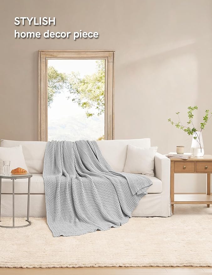 YnM Chunky Cotton Knit Throw Blanket, Cable Knit Throws for Bed Couch Sofa, Comfy & Relaxing, Decorative Piece for Farmhouse Modern Boho Rustic Scandinavian Chic Vibe, Quarry Grey 60x80 Inches