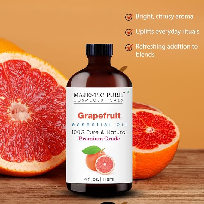 Majestic Pure Grapefruit Essential Oil with Glass Dropper - Huge 4 Fl Oz - 100% Pure and Natural Grapefruit Oil - Premium Grade Essential Oils for Diffuser, Aromatherapy, Soap and Candle Making